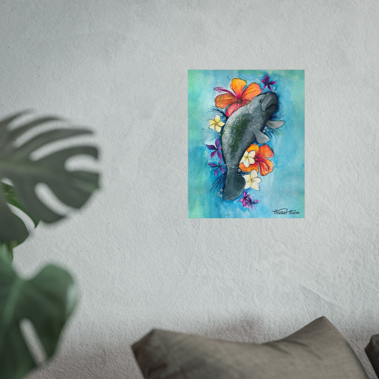 Manatee and Florals Fine Art Poster - Tropical Wall Decor