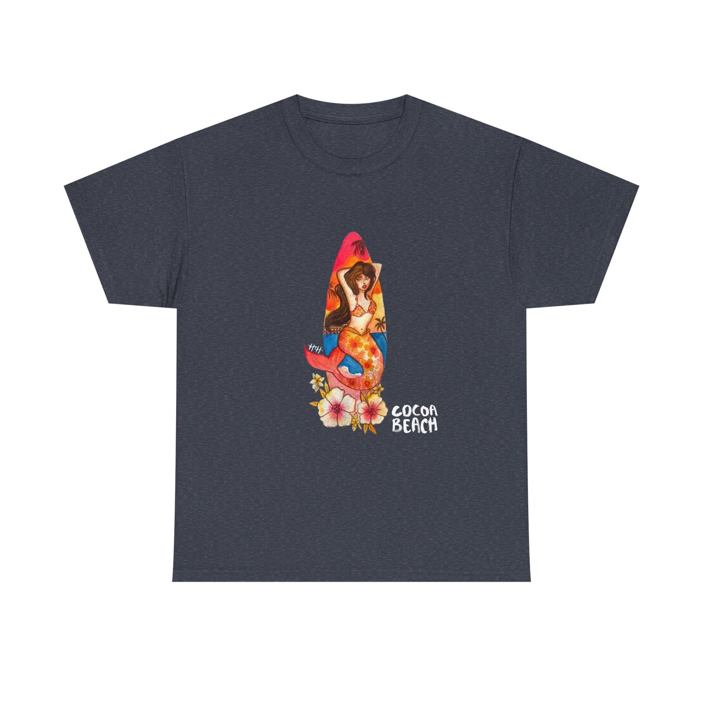 Cocoa Beach Mermaid Tee — Florida Surfboard & Tropical Flowers Vacation Souvenir