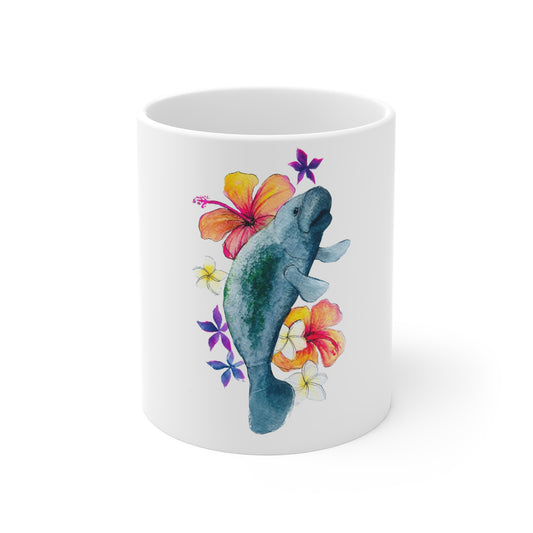 Whimsical Manatee Mug, Colorful Floral Mug, Perfect Gift for Nature Lovers, Beach Decor, Cute Coffee Cup