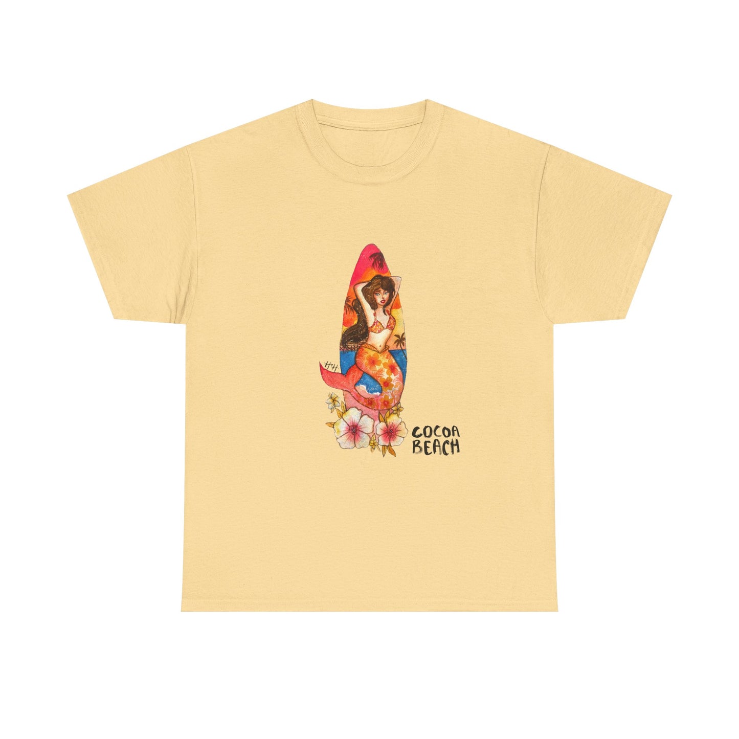 Cocoa Beach Mermaid Tee — Florida Surfboard & Tropical Flowers Vacation Souvenir