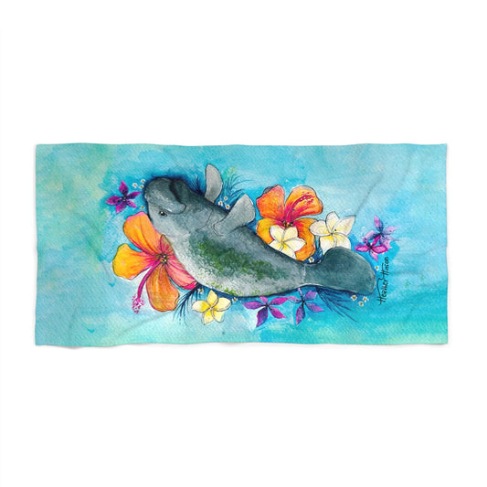 Beach Towel - Manatee Tropical Flowers Watercolor Painting Colorful Bright