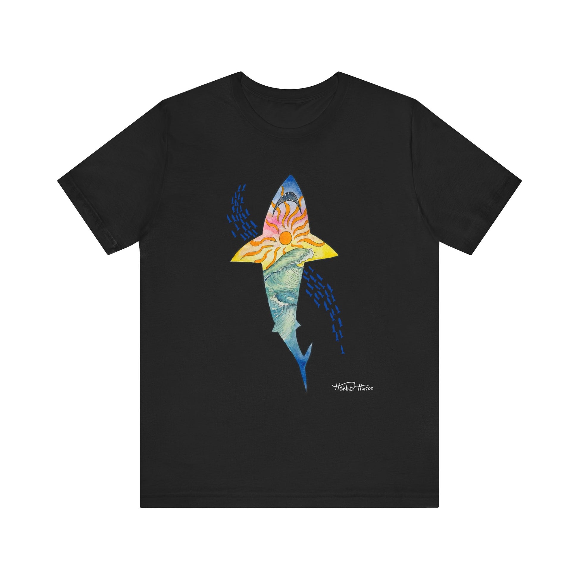 hand drawn shark t shirt with sunset and waves