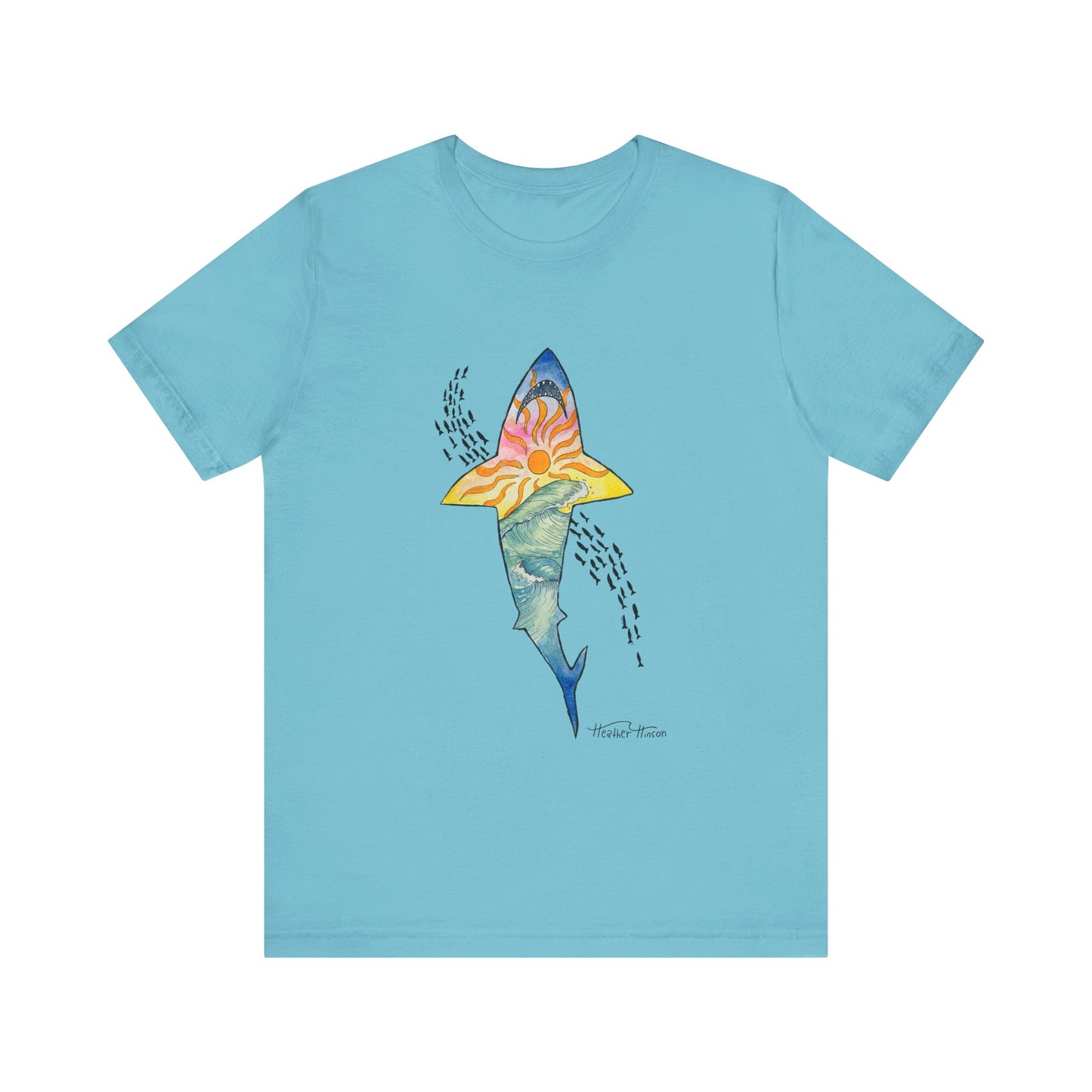 blue shark t shirt with sunset and ocean waves
