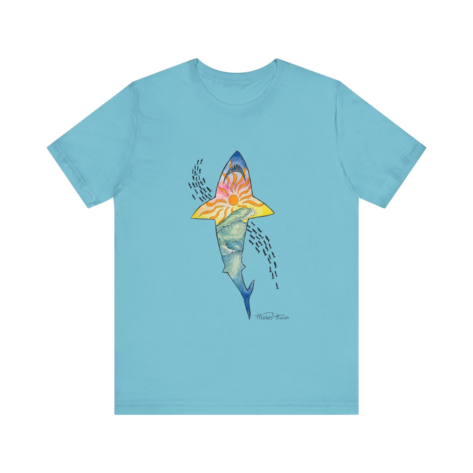 blue shark t shirt with sunset and ocean waves