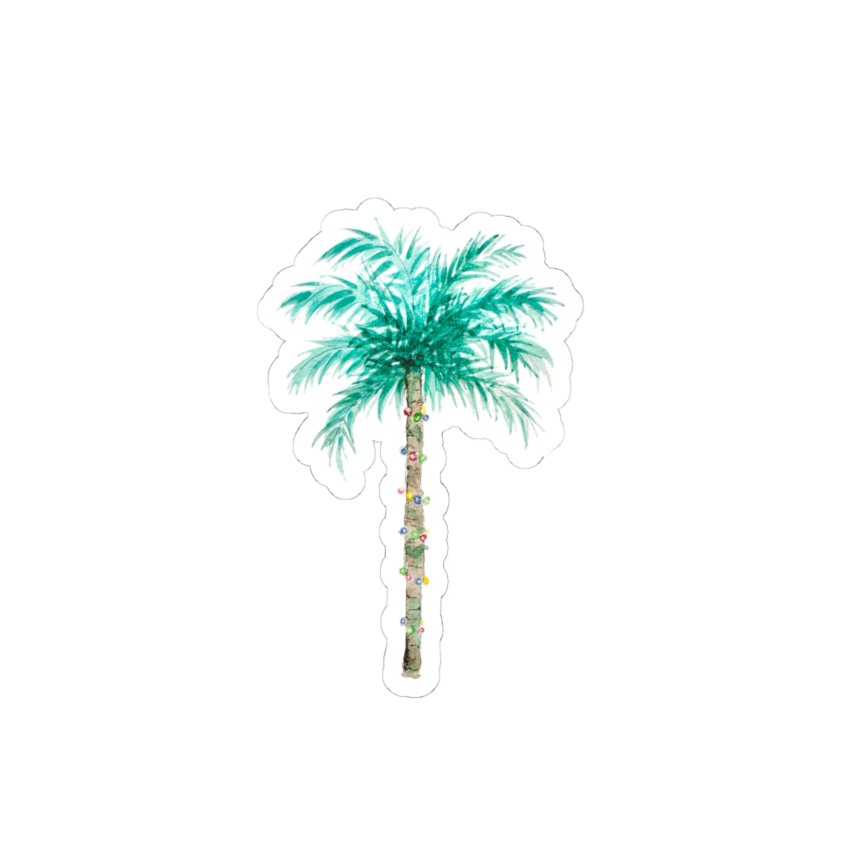 Christmas lights on a palm tree watercolor vinyl sticker on white background showing the 3 inch sticker