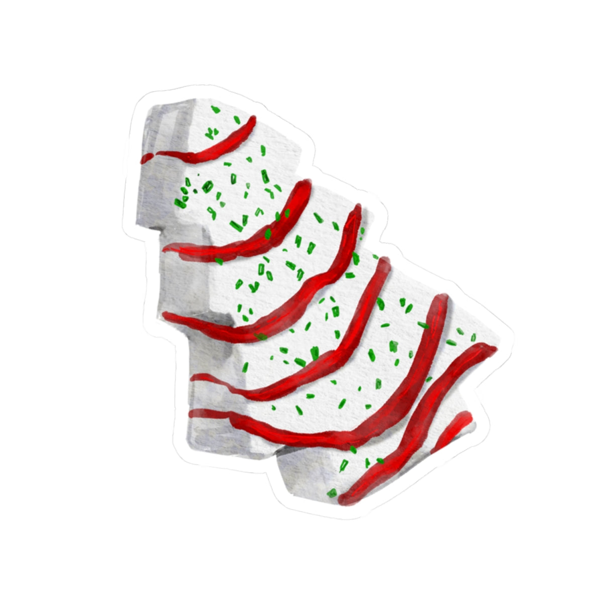 watercolor painting of a christmas tree cake with red icing and green sprinkles on a white background