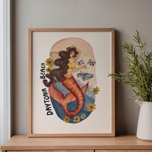 Daytona Beach Mermaid Art Print - 8x10 Florida Coastal Wall Art