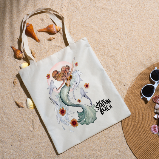 New Smyrna Beach Mermaid &amp; Sharks Canvas Tote Bag | Florida Beach Bag