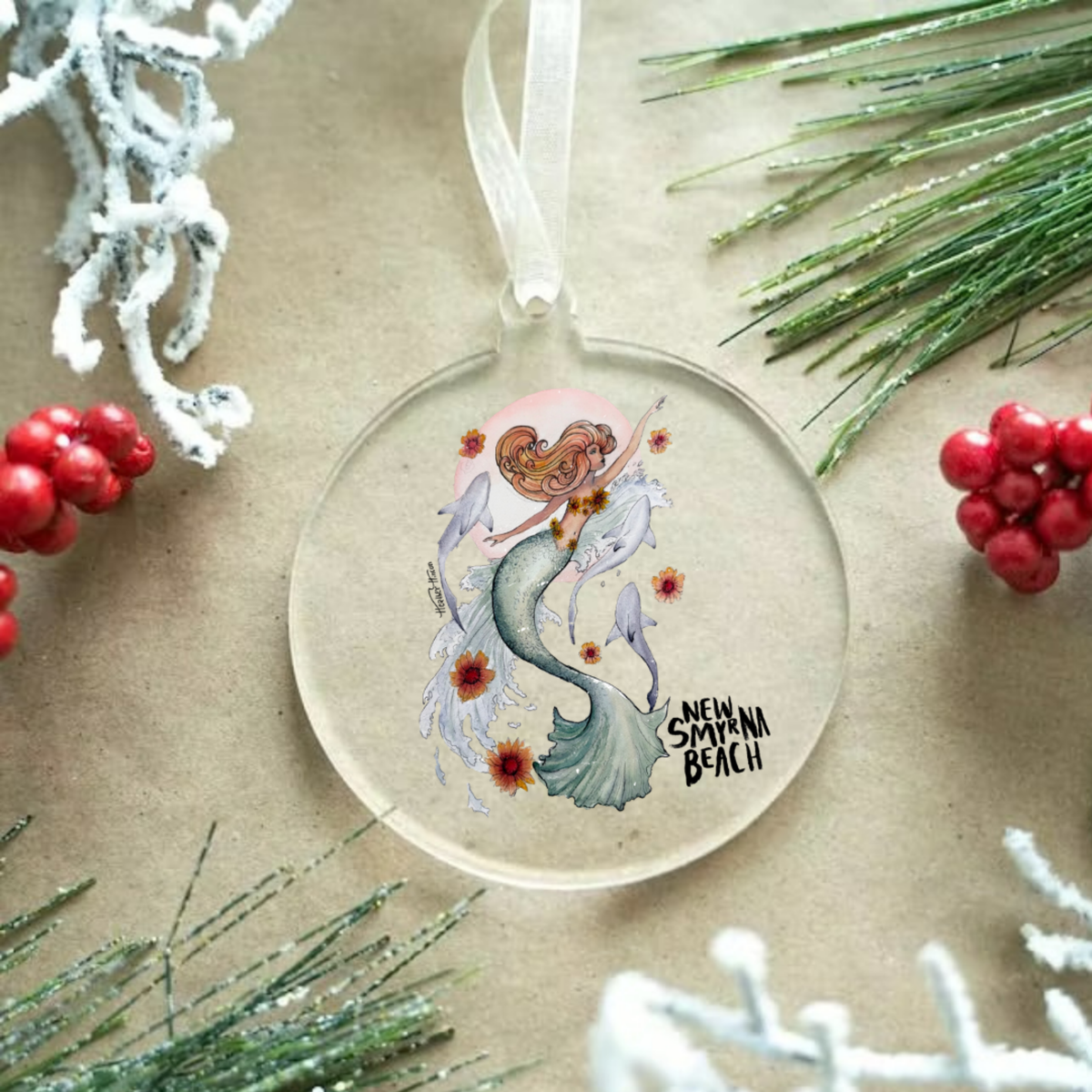 New Smyrna Beach Mermaid & Sharks Christmas Ornament | Florida Coastal Holiday Decor
