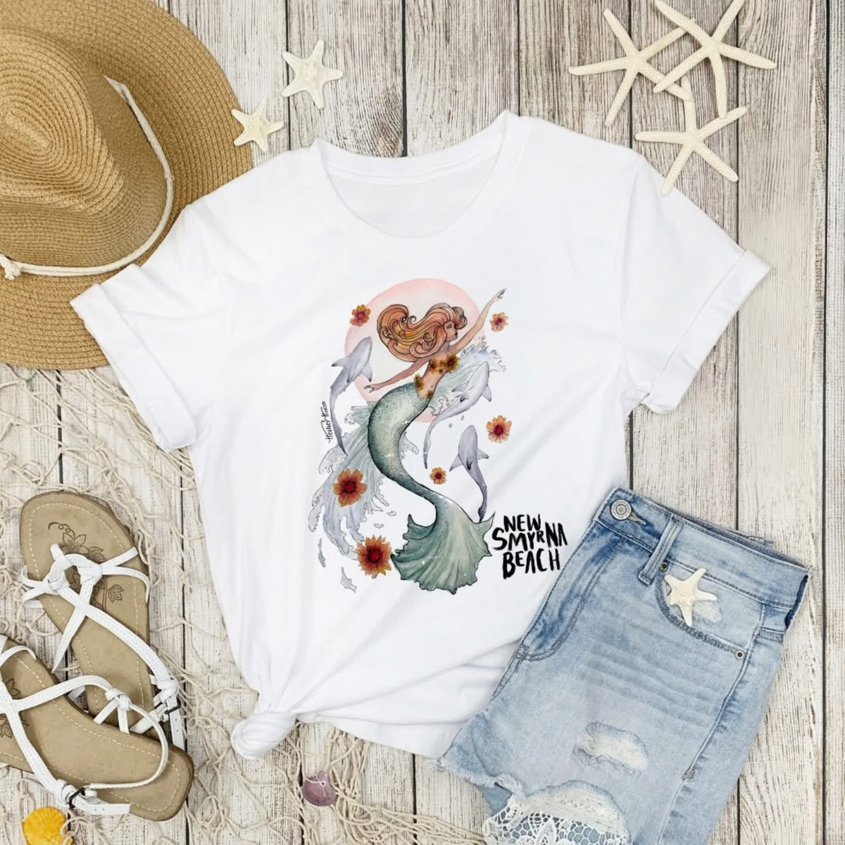 New Smyrna Beach Mermaid &amp; Sharks T-Shirt | Florida Beach Shirt 100% cotton