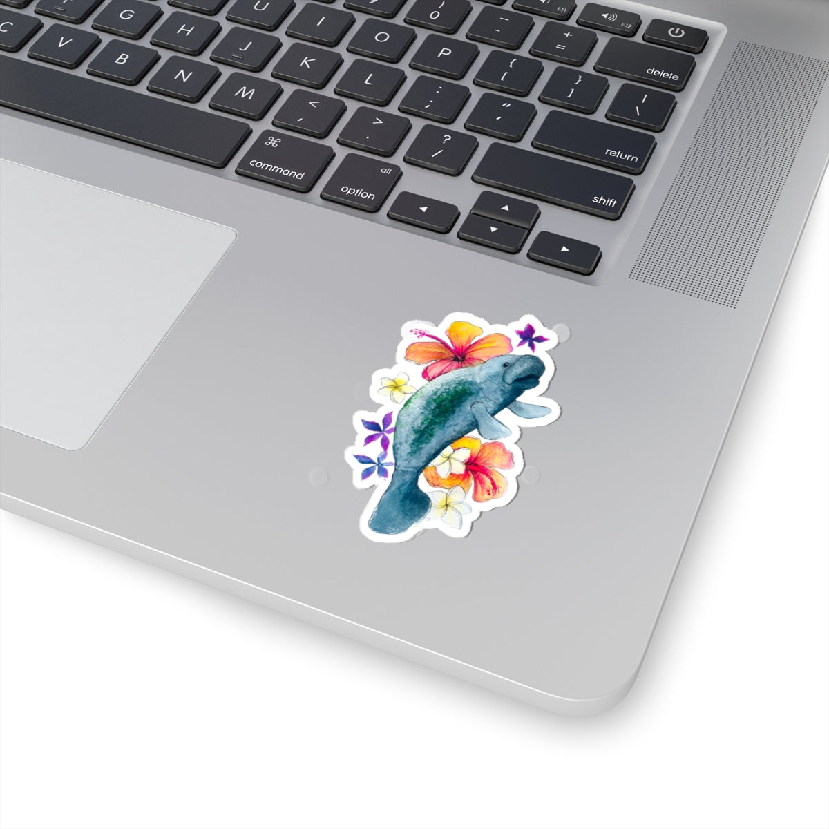 manatee with hibiscus and watercolor florals as a vinyl sticker 