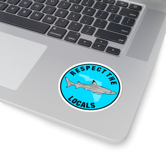 respect the locals round sticker with shark drawing