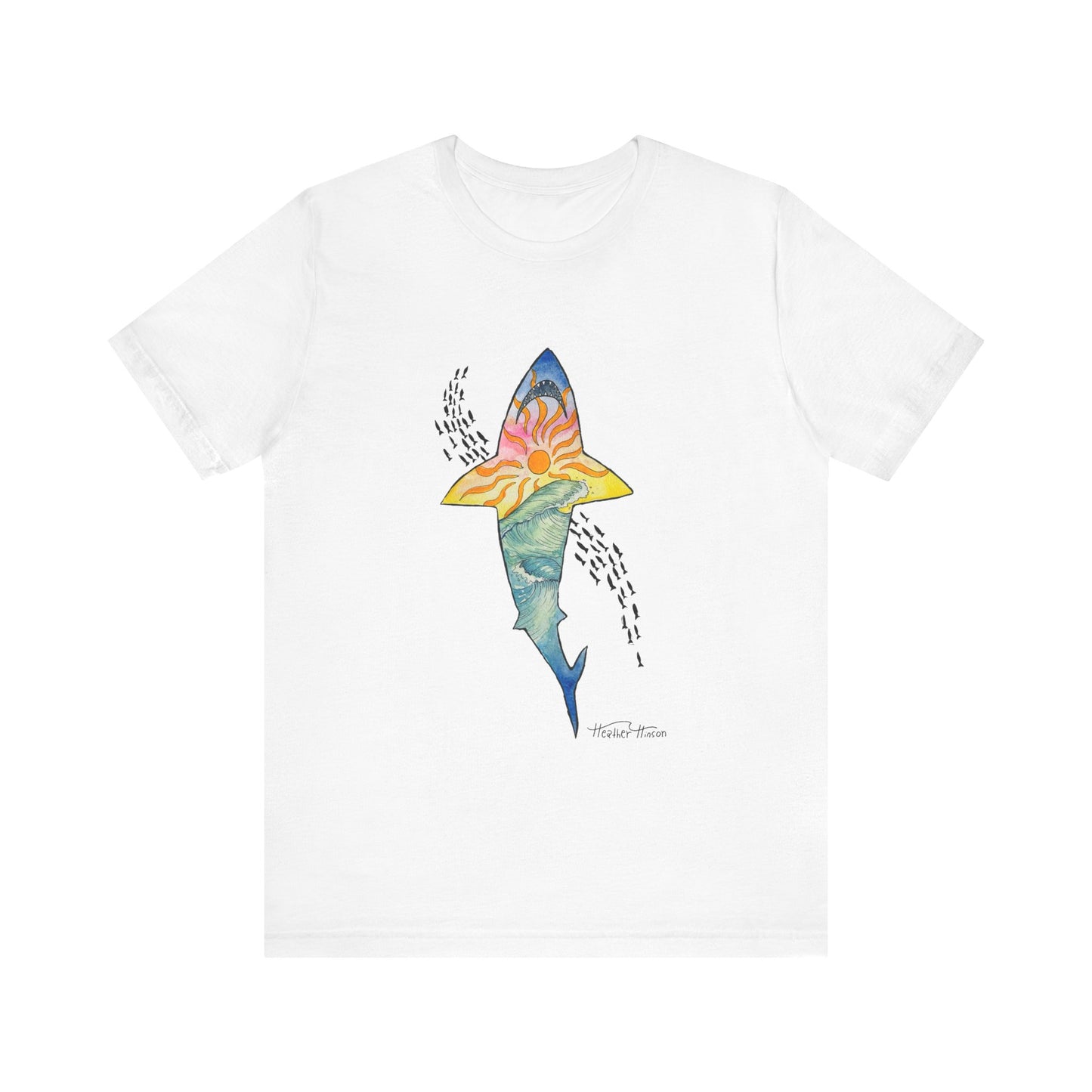 white shark t shirt with sunset beach and waves
