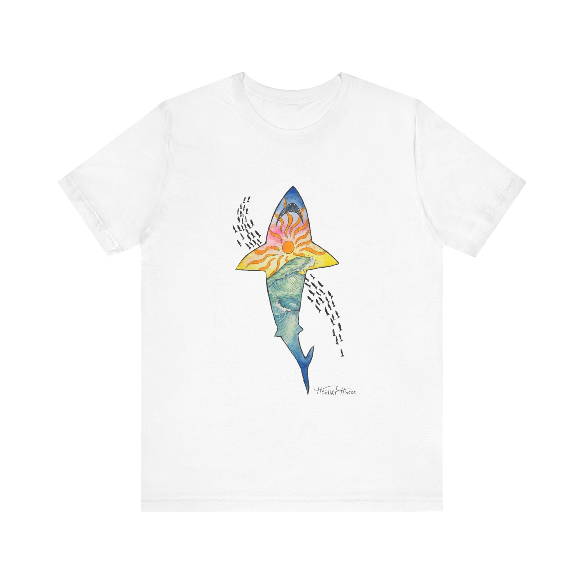 white shark t shirt with sunset beach and waves