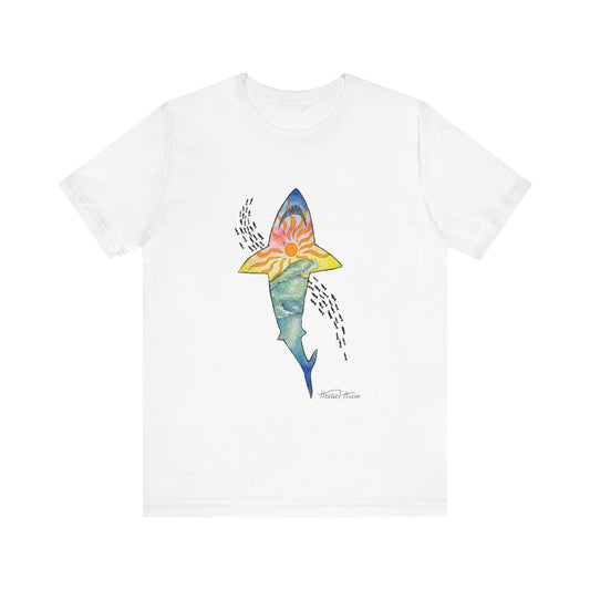 white shark t shirt with sunset beach and waves