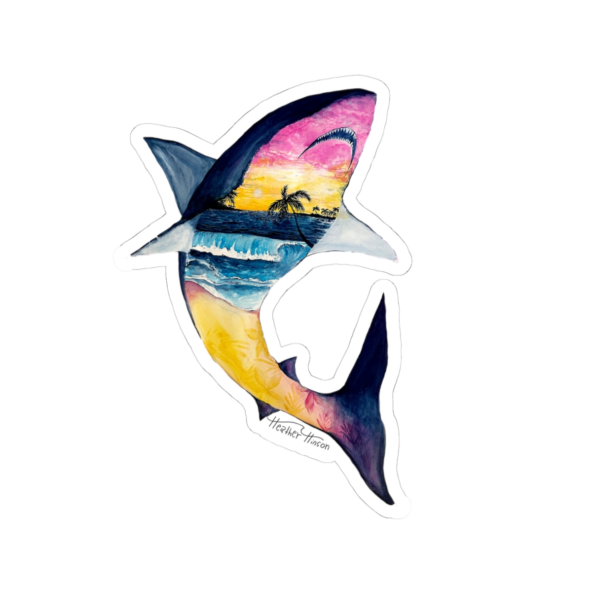 great white shark with a sunset and waves inside a silhouette of a shark