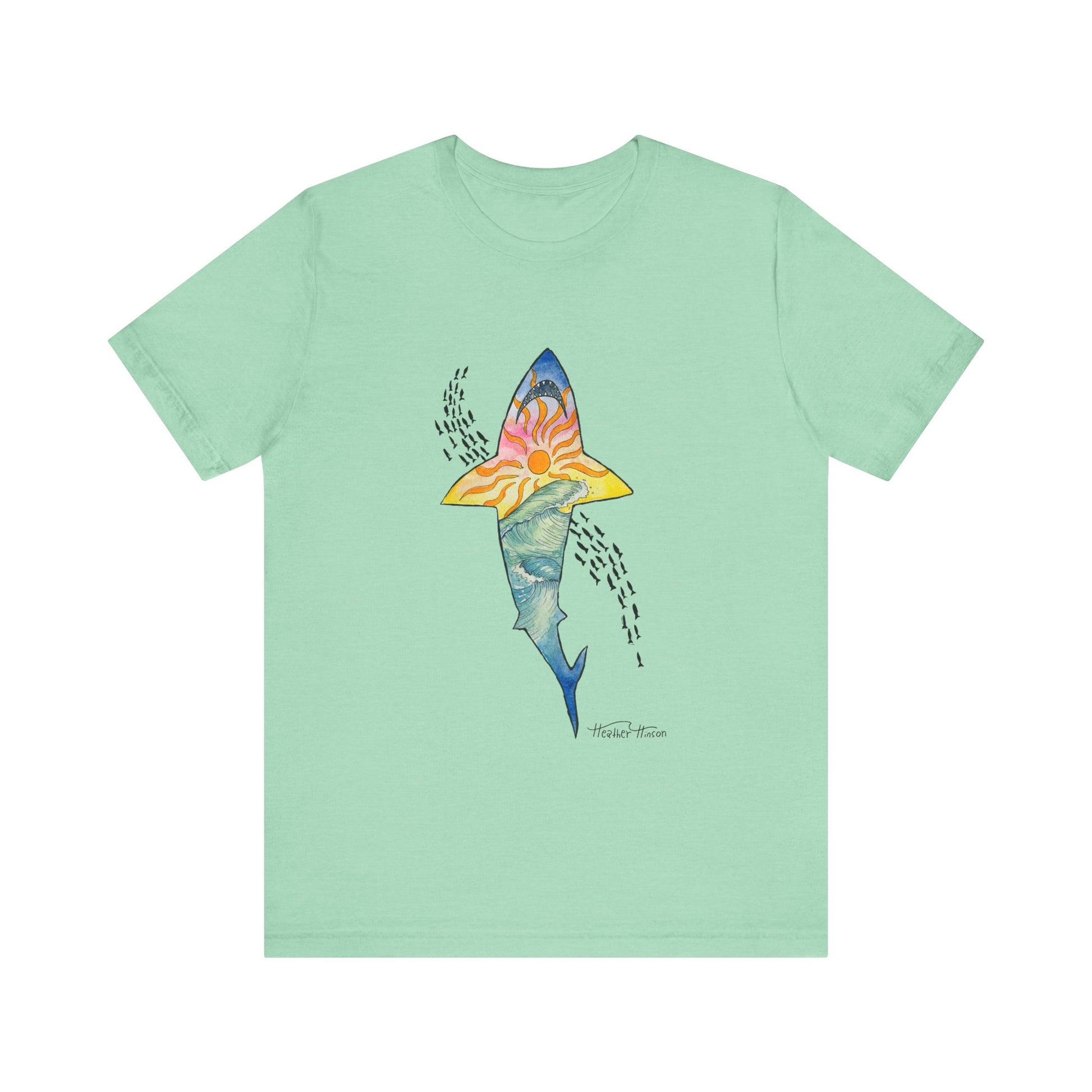 hand drawn shark shirt design with sunset and ocean waves