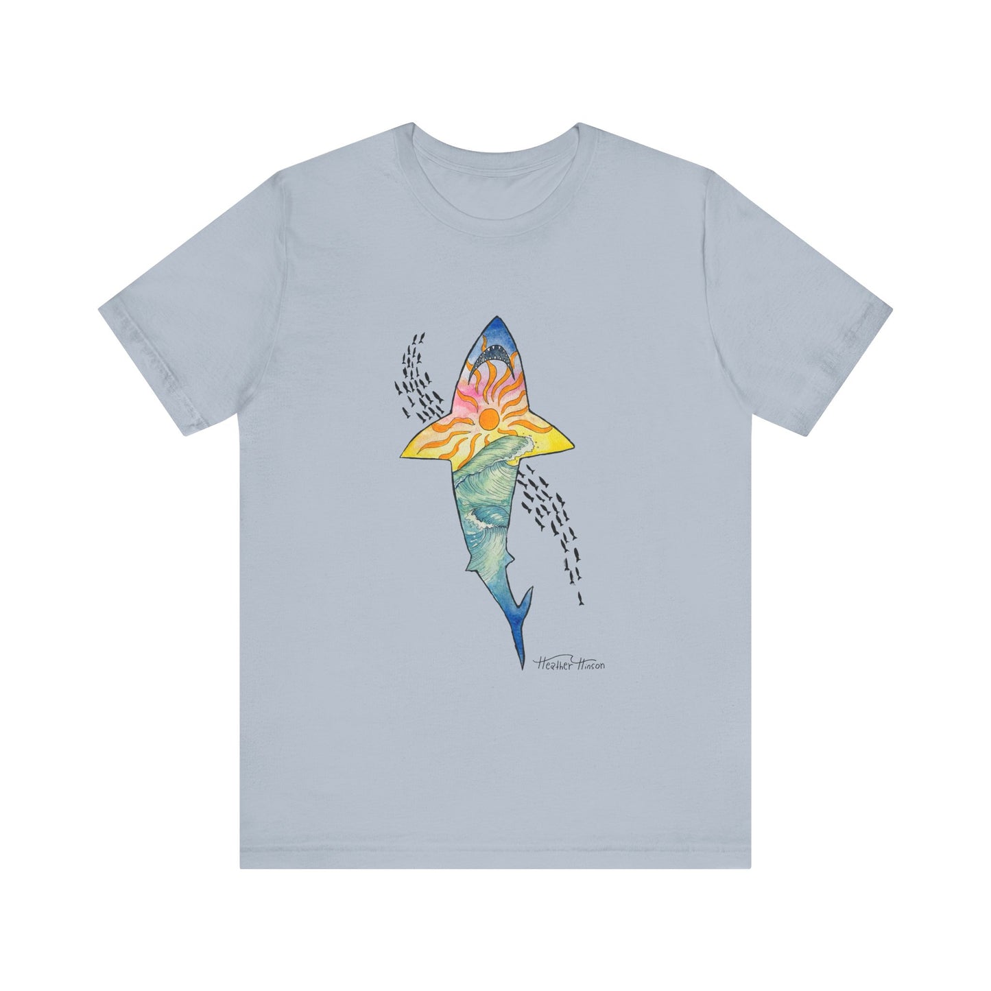 sunset shark t shirt with hand drawn waves