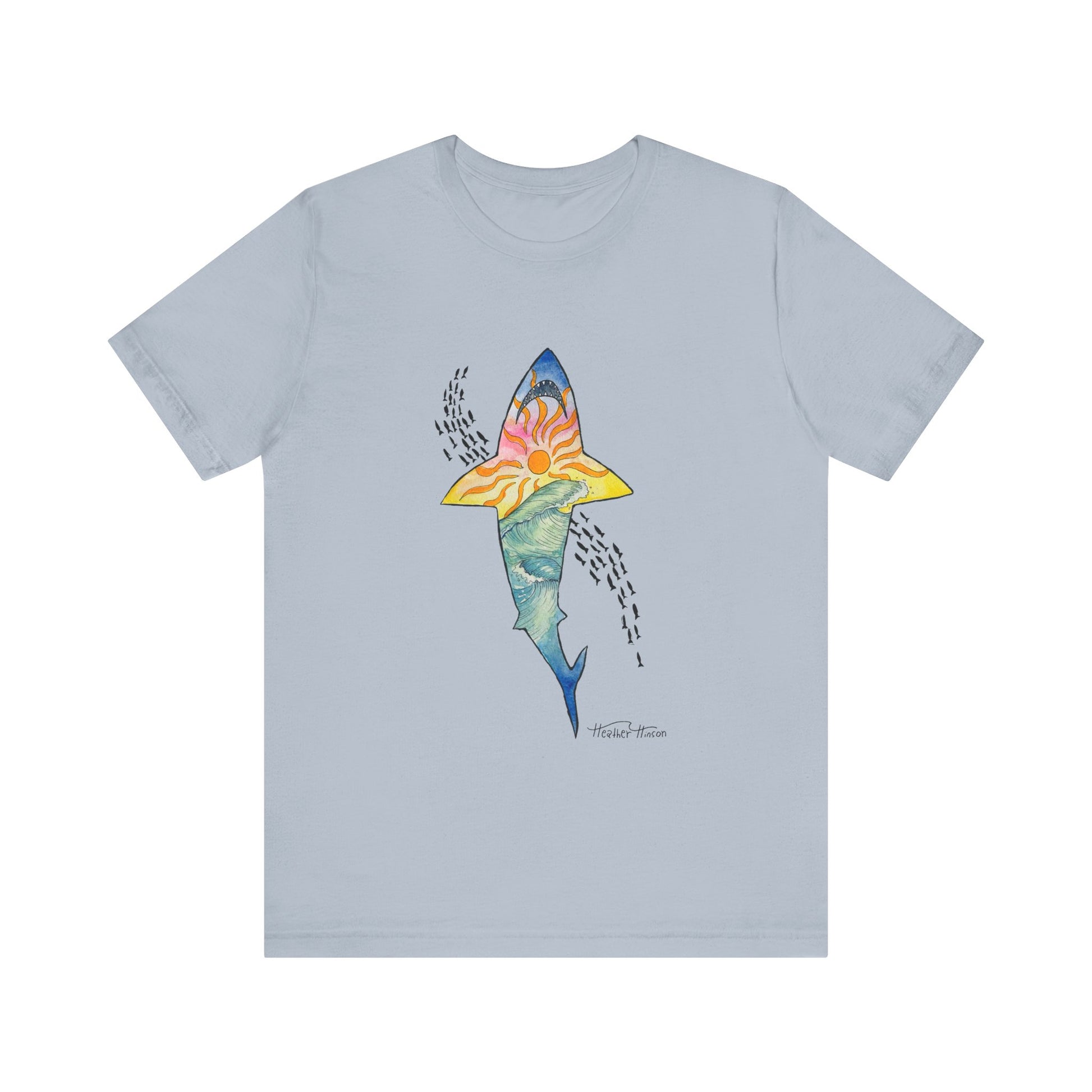 sunset shark t shirt with hand drawn waves