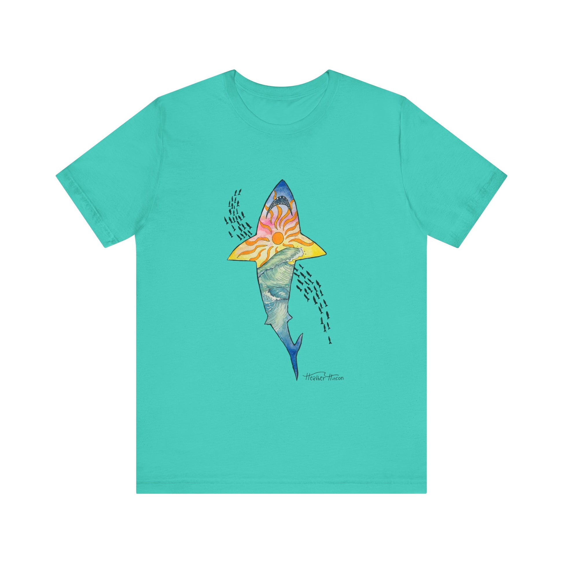 teal shar t-shirt with sun and waves